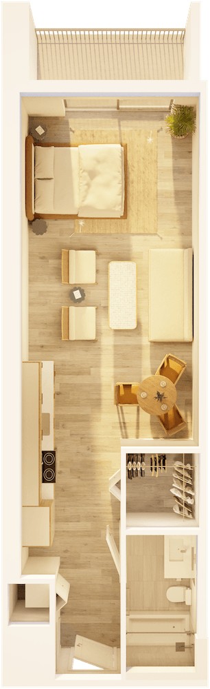 Floor plan for studio, 1 bath, 580 sqft